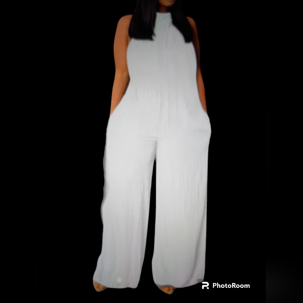 White Casual Solid Basic Half Turtleneck Jumpsuit - image 1